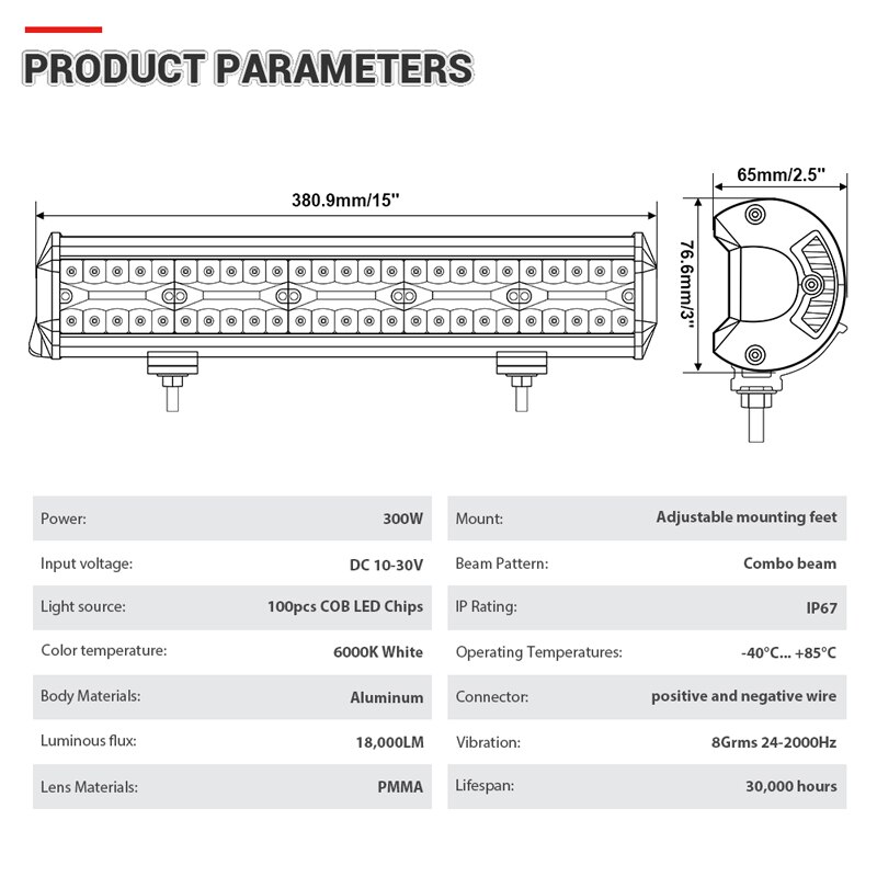 15 inch 300W Led Work Light Bar Tri-Row Combo Beam For 4x4 Offroad Cars Off road SUV ATV Tractor Boat Trucks Excavator 12V 24V