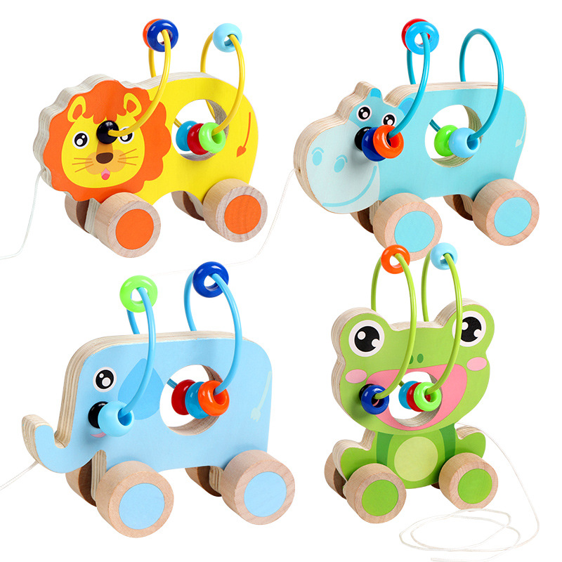 Cartoon Children Drag And Toy Animals Around The Pearl Toy Trailer Colorful Baby Visual Training Toys