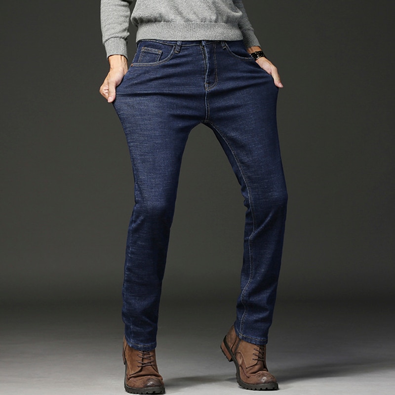 Mænd vinterjeans mænd sort slim fit stretch tykke fløjlsbukser varme jeans afslappede fleecebukser herre plus str.