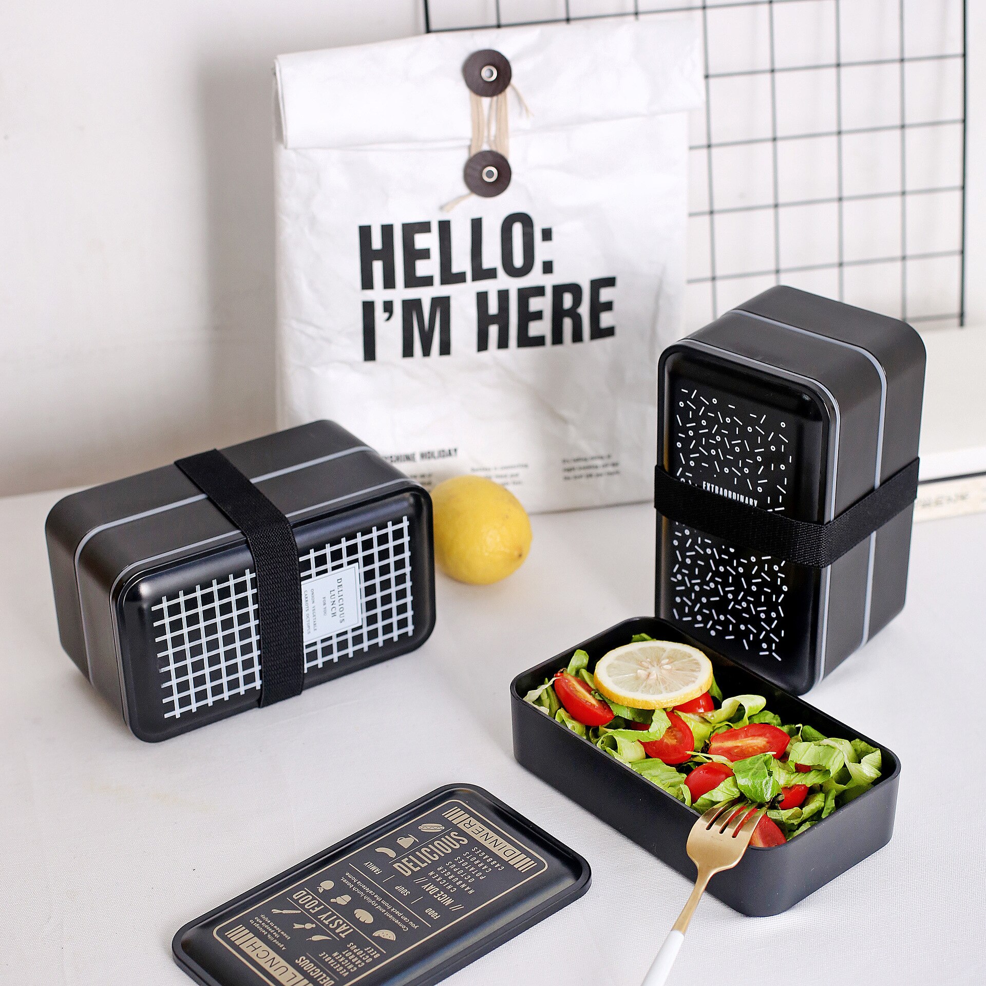 Double lunch box lunch box plastic breakfast dinner student food container black portable lunch box microwave heating 2000ml