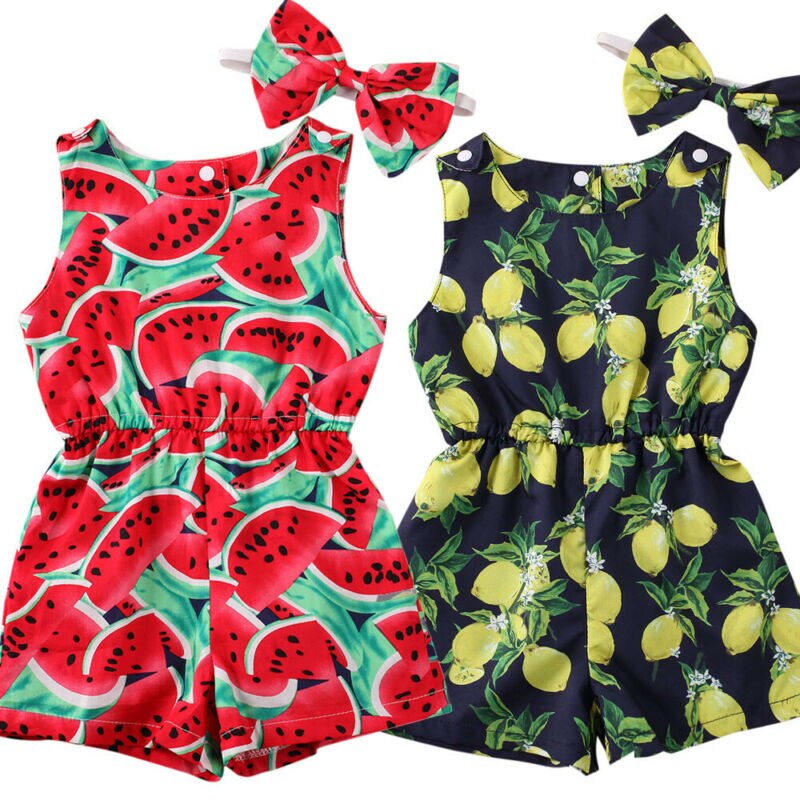 Nyfødt baby pige rompers pandebånd frugt citron vandmelon sommertøj ærmeløs jumpsuit playsuit outfits kostume