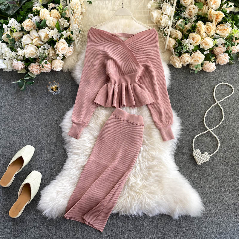 SINGRAIN Autumn Women Shiny Knitting Skirts Sets Lurex Ruffles Long Sleeves Wool Warm Sweater knitted Two Pieces Set Women: pink
