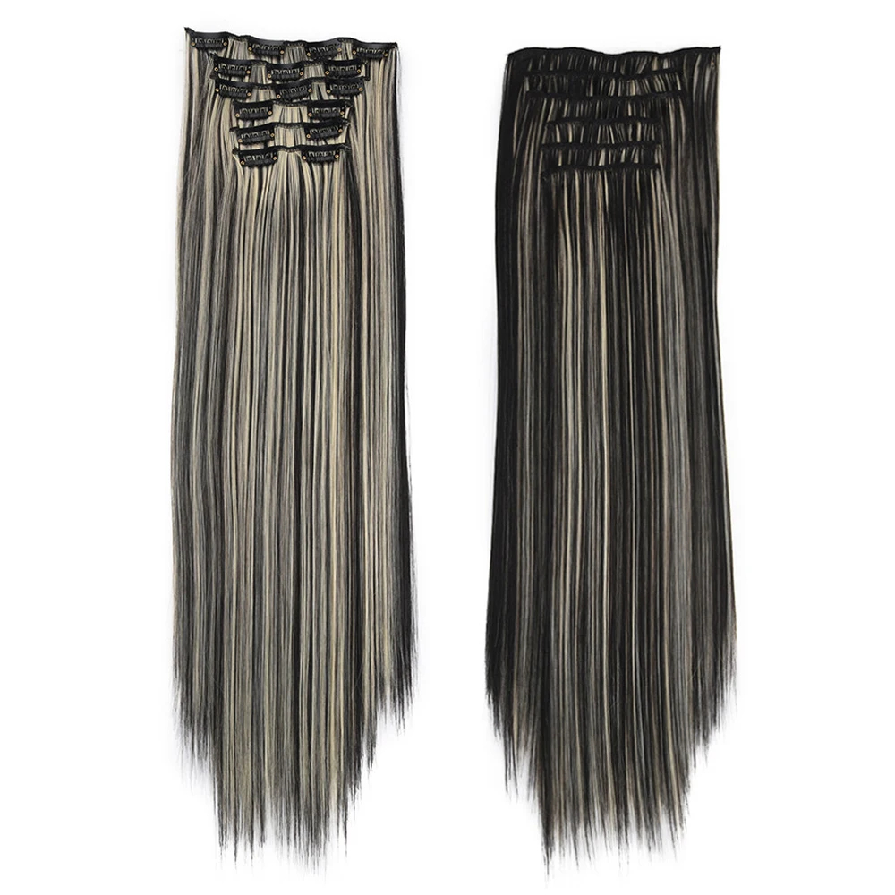 Grampo em extensões de cabelo sintético 24 Polegada longo invisível natural em linha reta 6 pçs grosso sem costura clipe em extensões de cabelo para mulher: Azul