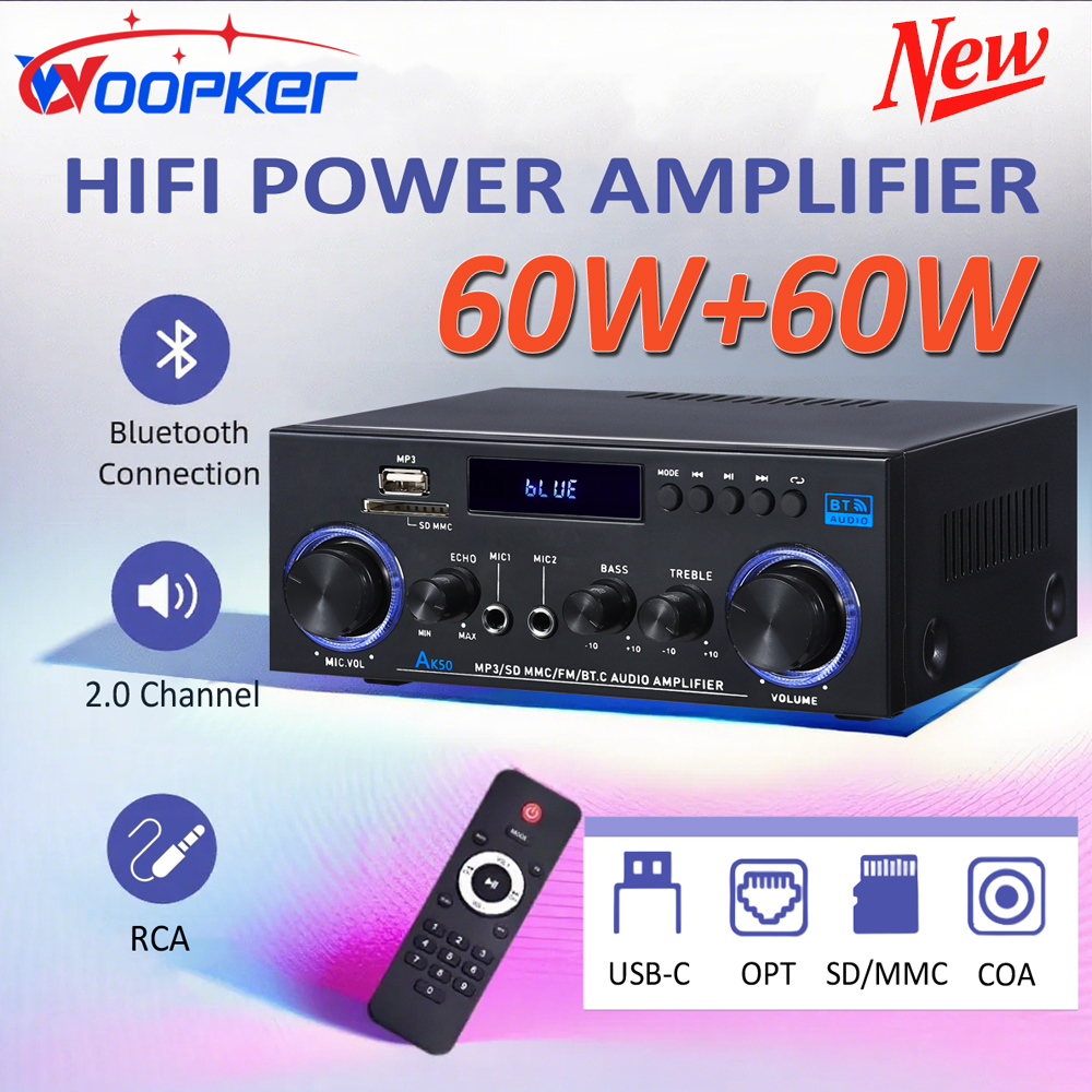 WOOPKER 60W * 2 Amplificatore audio AK50 HiFi Digitale Bluetooth Amplificatore di potenza Canale 2.0 FM USB AUX Amplificatore audio per Home Car Karaoke