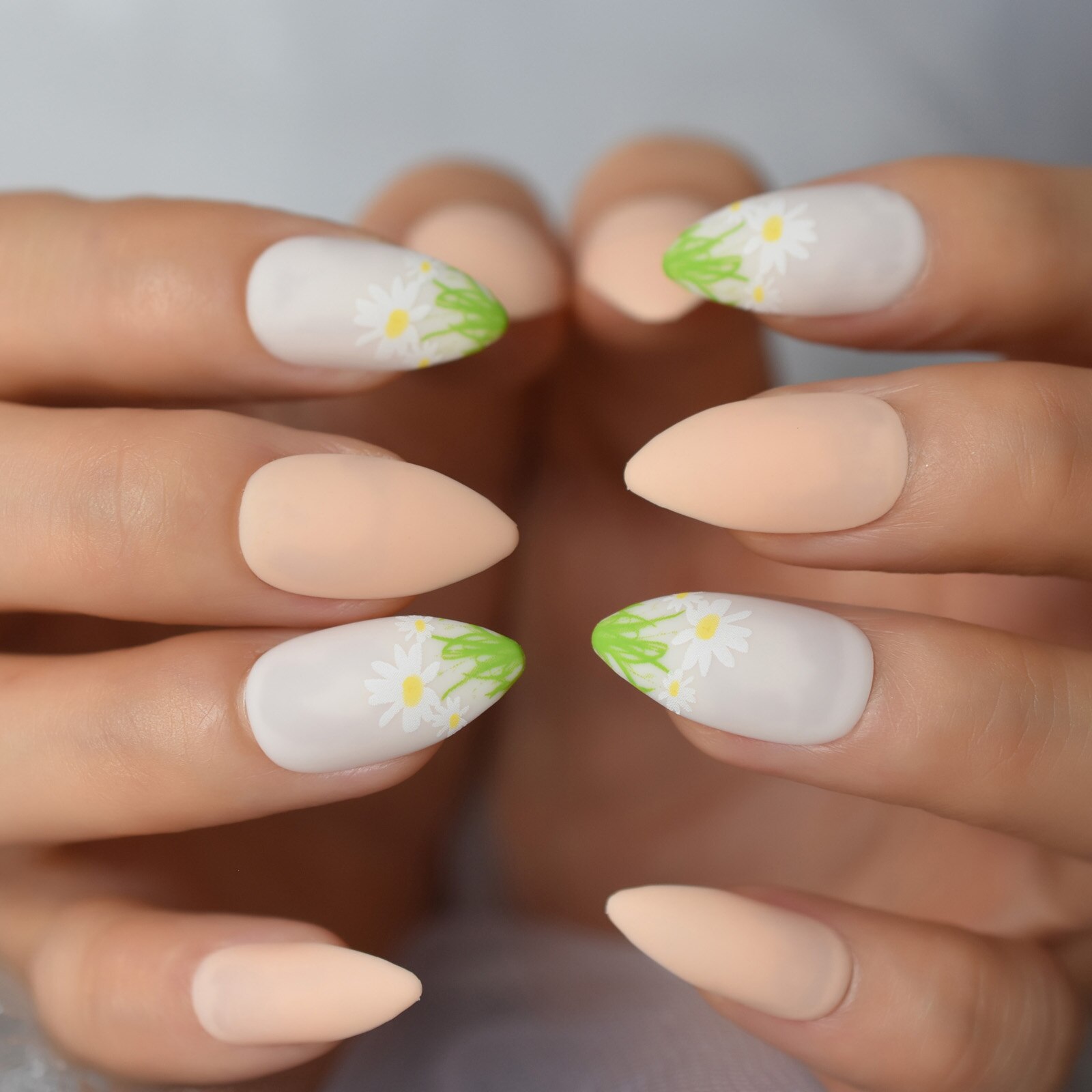Faux ongles en forme de pâquerettes, à pression mixte, couverture complète, en amande moyenne, joli, mignon, acrylique, motifs originaux, fournitures, 28 pièces