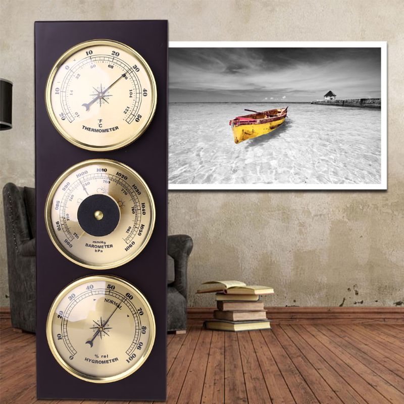 3Pcs/Set Thermometer Barometer Hygrometer Weather Station with Wooden Frame Base Ornaments 31cm x 11cm