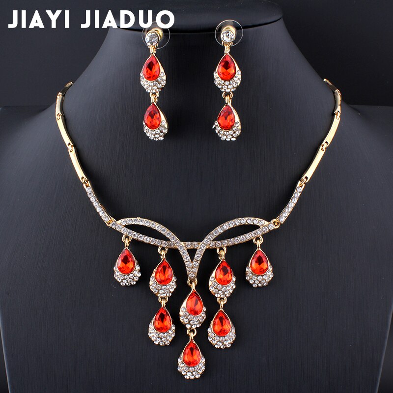 Jiayijiaduo Bruiloft Sieraden set Voor Vrouwen Goud-kleur Ketting oorbellen set tassel Afrikaanse red charm jurk accessoires