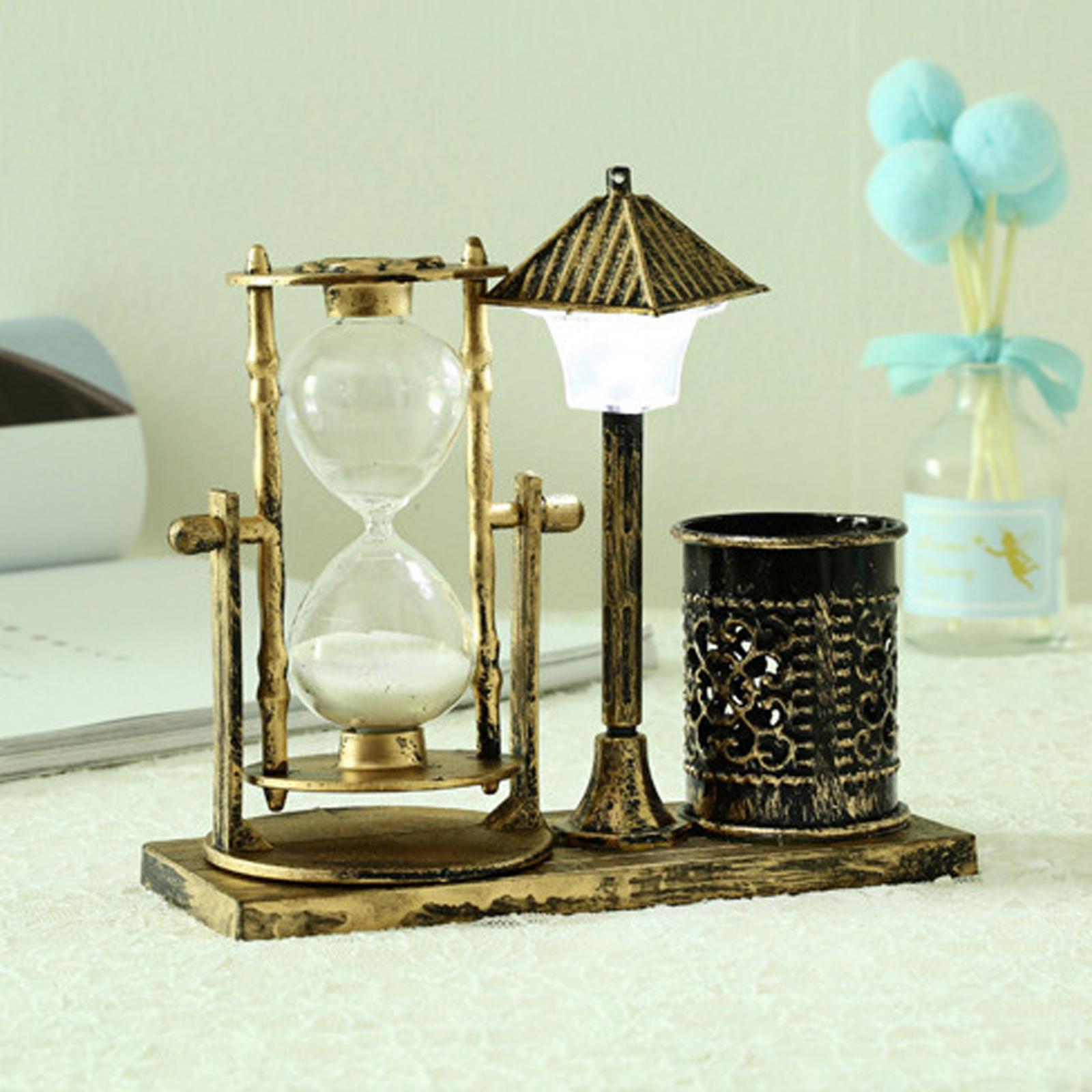 Retro Unique Hourglass Pen Holder with Built-in Light Crafts Glass Sand Timer Ornament for Home Office Decor --14x15.5cm
