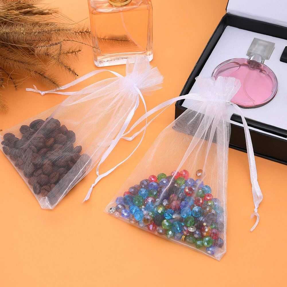 100 Stuks Witte Organza Tassen Sieraden Verpakking Tassen Wedding Favor Bags Koord Zakjes Snoep Zak Cadeau Voor Kinderen