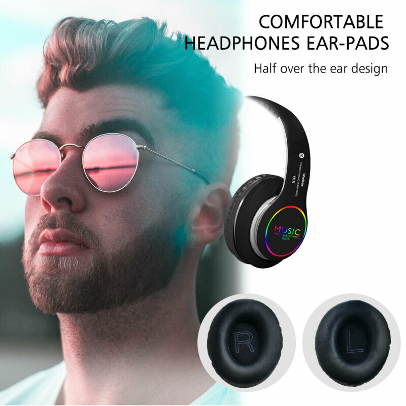 Bluetooth 5.0 Headphones - Over-Ear Wireless with LED Light & Mic - Noise Cancelling for Sport, Gaming