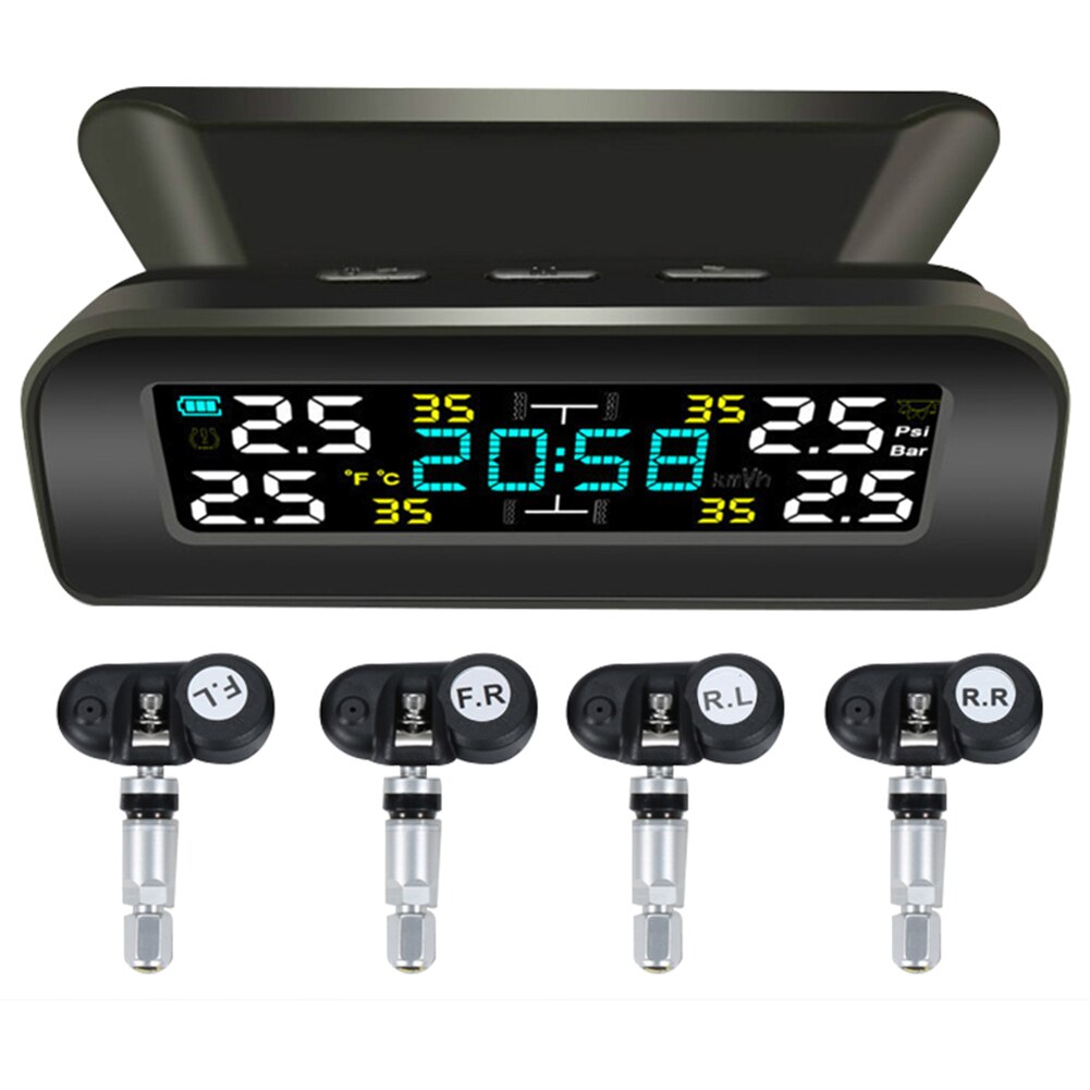 Solar Car TPMS Tire Pressure Monitoring System LCD Clock Time Display Auto Tyre Temperature Alarm With 4 Sensor: Internal Sensor