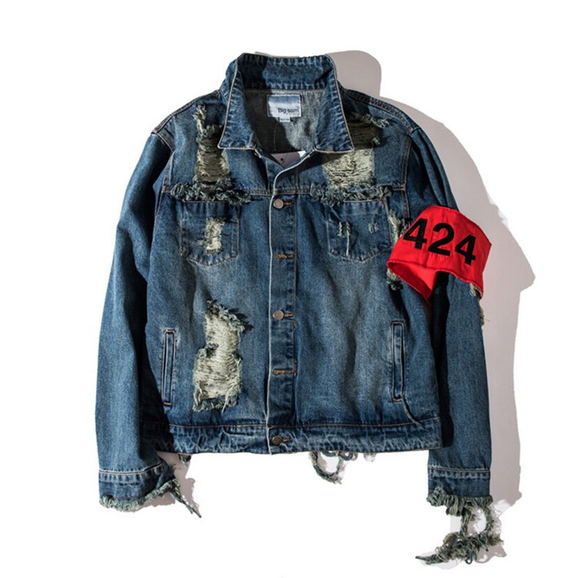 Vintage 424 Veste en Jean Hommes Déchiré Trous Lavé Coton Automne Manteaux Homme Décontracté Vestes en Jean Cowboy Classique Homme MSW013: Bleu / XL (65-70kg)