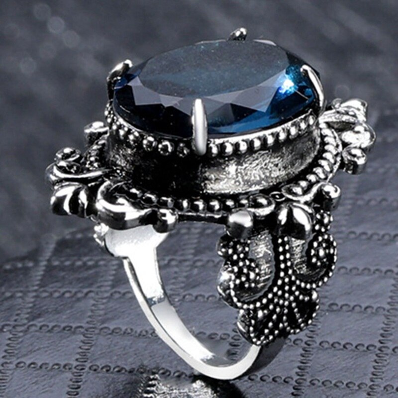1 Pc Jahrgang Blau Zirkon Schmuck Ringe retro Punk Stil Feine Gans Ei Schmuck Blume Carving Blau Großen Oval Geschnitten peridot