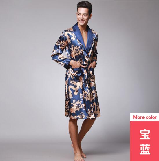 Fdfklak vår höst kimono herr badrock långärmad tryck nattkläder morgonrock herr nattkläder badrock man bata hombre: Blå / L