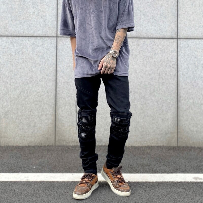 Pantaloni da moto jeans strappati per uomo alto strada toppa in pelle jeans da uomo lavaggio antirughe acqua sottile in forma jeans neri elasticizzati uomo
