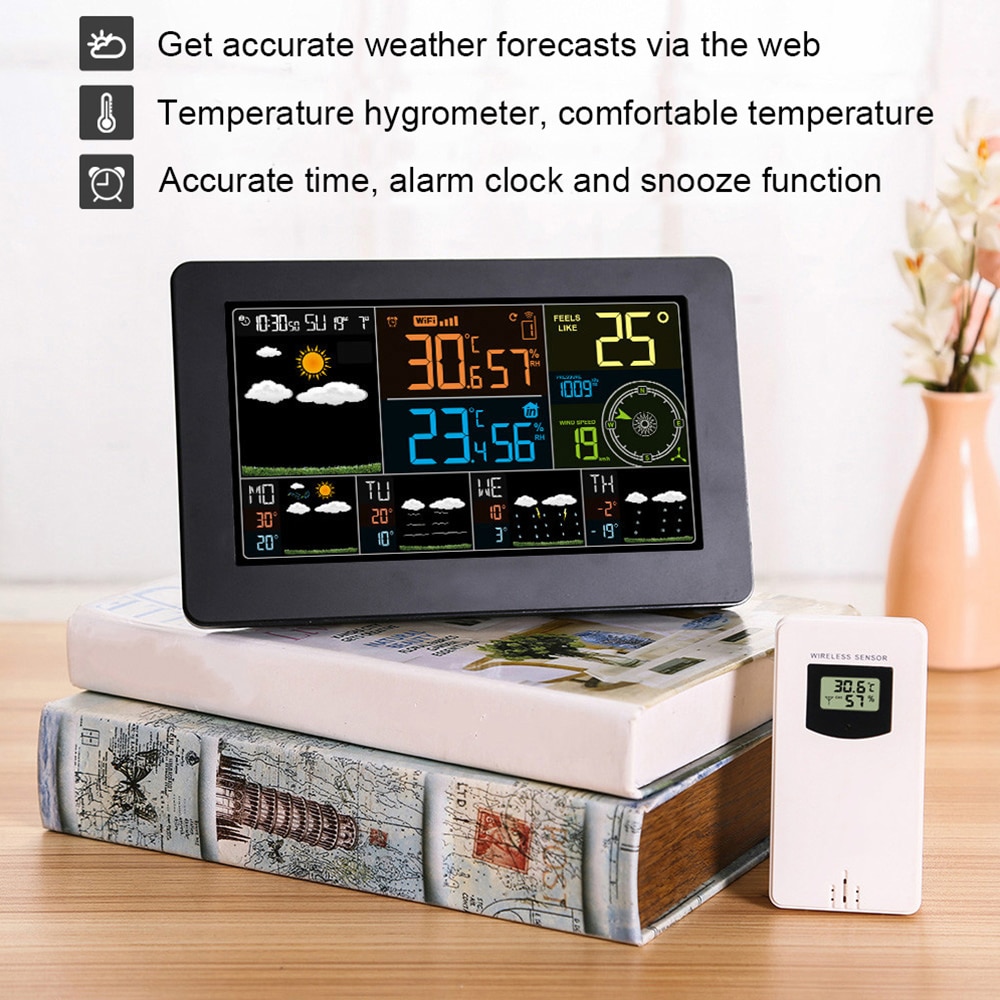 Wifi vejrstation app kontrol smart vejrmonitor indendørs udendørs temperatur luftfugtighed barometrisk vindhastighed digitalt ur