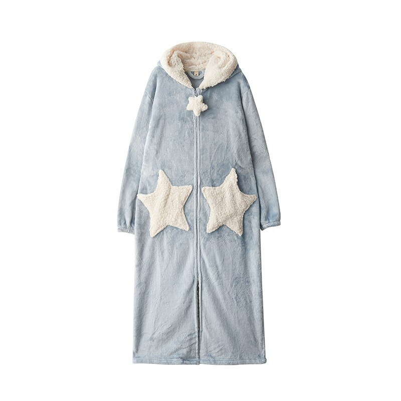 Natkjole til kvinder nattøj kåbe sød forår og efterår tyk dame vinter flannel herre #39 #39 lang koral fleece: Stjerne-blå / L