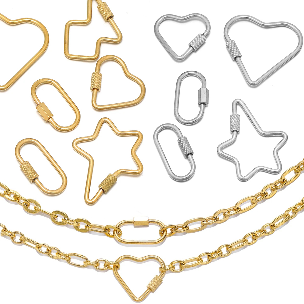 4pcs Stainless Steel Heart Screw Locking Clasp Gold Oval Star Carabiner Clasps for Necklace Bracelet Keychain Making
