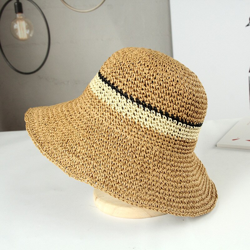 Mode Eenvoudige Draagbare Zomer Strand Hoed Vrouwelijke Casual Panama Hoed Dame Vrouwen Platte Rand Strik Stro Cap Meisjes zonnehoed: Khaki