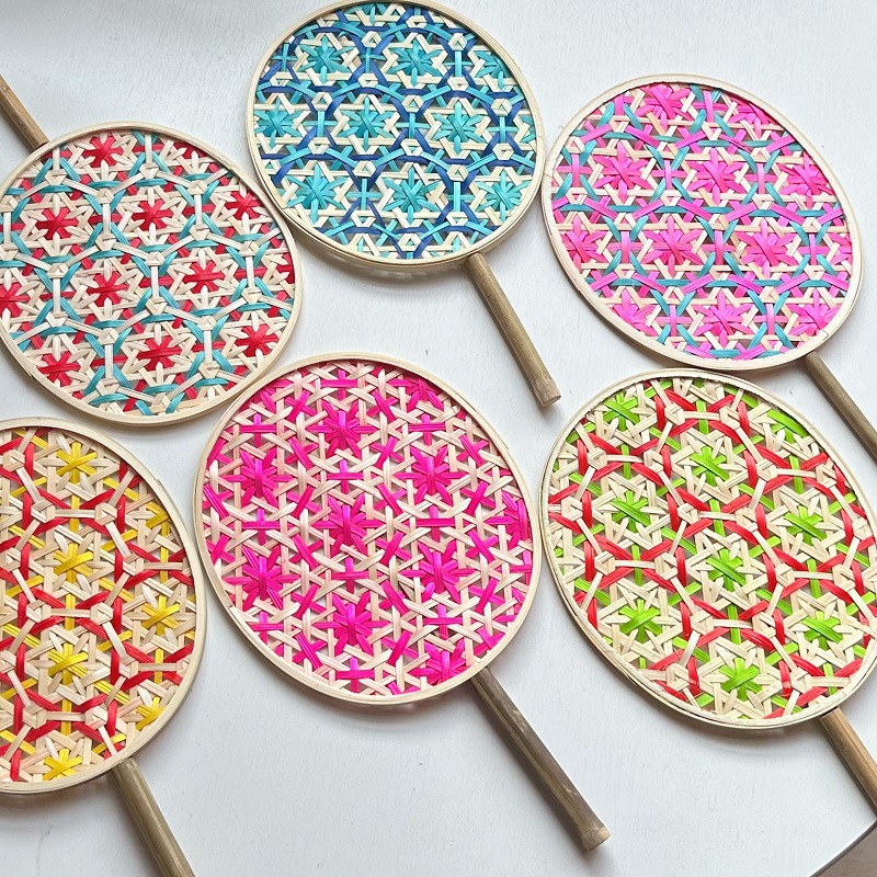 Éventail Tressé en Bambou, Fait à la Main, Tissage Coloré de Prairie, Décoration de Maison, Artisanat d'Été, 1 Pièce