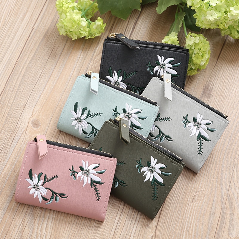 Embroidery Short Wallet Leather Clutch Wallets Female Floral Hasp Coin Purse Small Zipper Bag Credit Card Holders