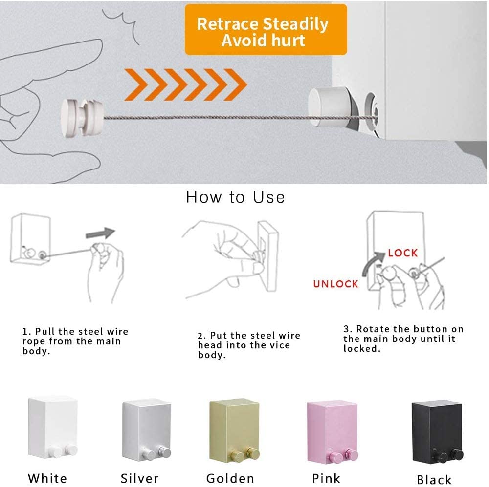 Retractable Clothesline Adjustable Stainless Steel Rope String Hotel Style Heavy Duty Drill Free &amp; Wall Mounted Method