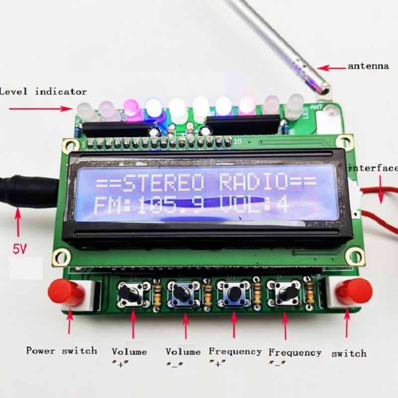DIY FM Radio Kit Transparent Shell Mini Stereo Radio Receiver DIY Kit 4.5V-5.5V LED LCD Light Display Built In Speaker Antenna