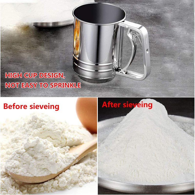 Hand-held thick stainless steel medium flour sieve powder cup sieve semi-automatic hand-held cup filter tool cake handmade sieve