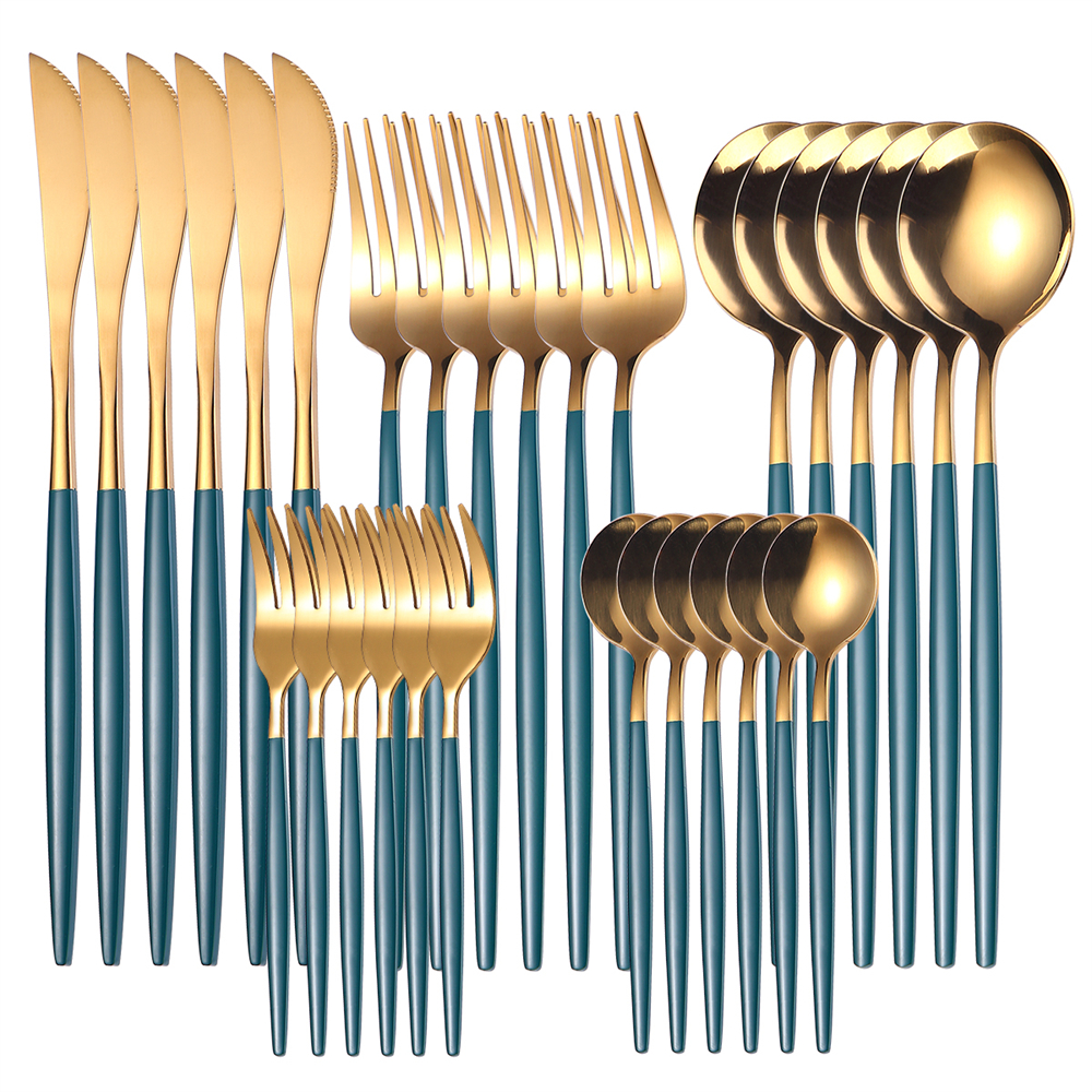Couverts en acier inoxydable, 30 pièces, service de table en or, vaisselle en acier inoxydable, fourchette en or, cuillère couteau, service d'argenterie de luxe pour Banquet: 30Pcs Green Gold