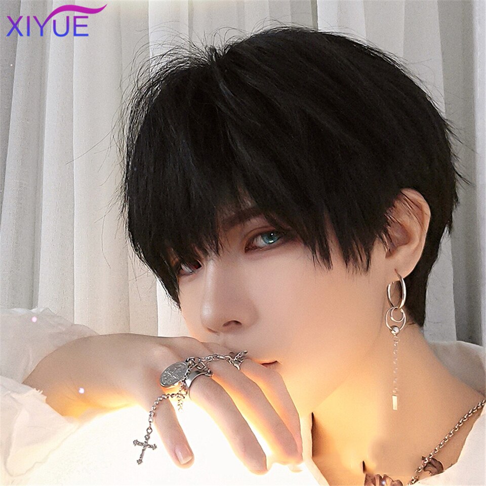 Kort syntetisk parykk for menn pustende brun menn gutt kort rett cosplay menn fest svart varmebestandig syntetisk hår parykk: #12