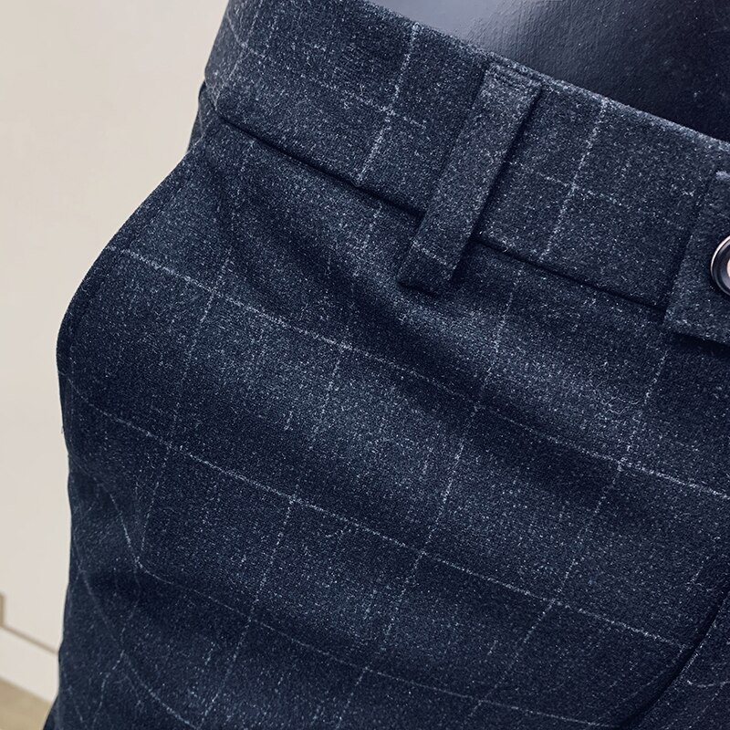 Pantalones clásicos de tela escocesa para hombre, pantalones ajustados de vestir de lana, pantalones de para oficina, pantalones de boda Social, pantalones de hombre Classique