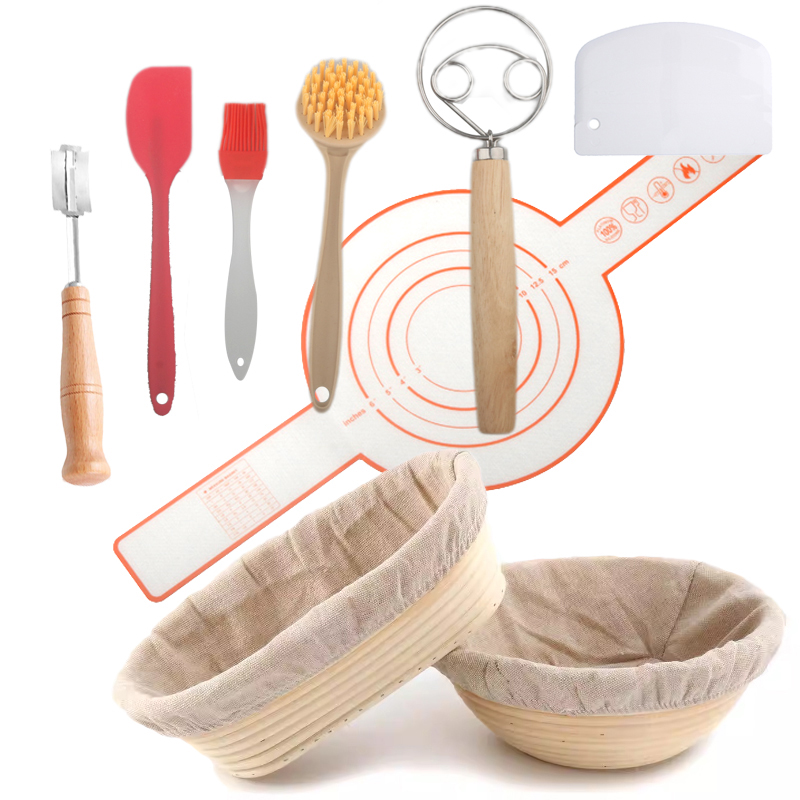 Bread Basket Set Kitchen Banneton Natural Rattan Basket With Linen Cover 7 Pcs Tools Sourdough Baking Tool Bread Proofing Basket