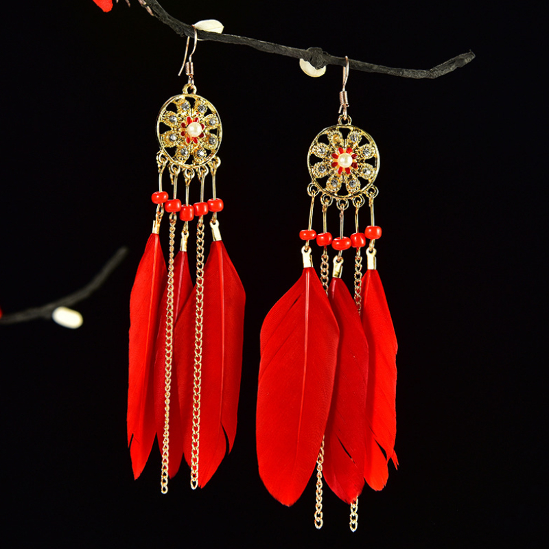 Bohemian Woven Dream Catcher Feather Dangle Earrings for Woman Trendy Boho Long Tassel Earring Wedding Jewelry
