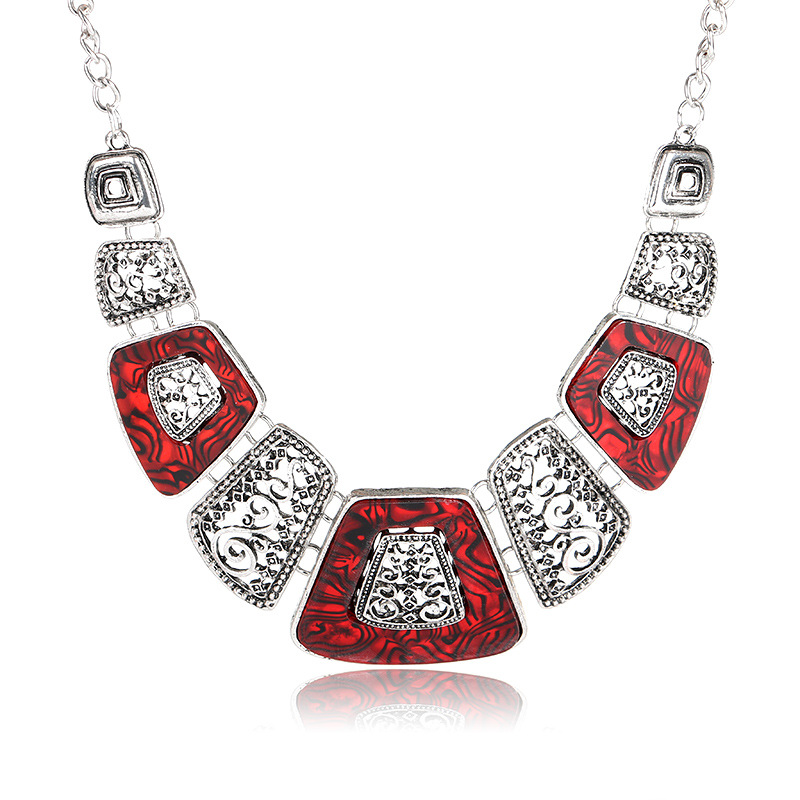 Kymyad Collares Collier femmes géométrique colliers et pendentifs Vintage Choker déclaration Collier Femme: Antique silver red