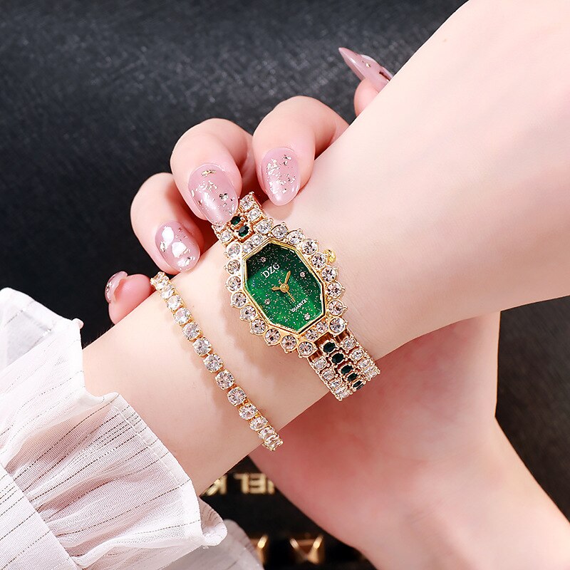 Dameur armbånd firkantet ur fuld diamant dameur casual starry sky watch: Guldgrøn