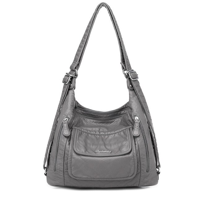 Dametaske stor kapacitet blød pu læder håndtaske trend dame skulder messenger taske grå: Grå -1