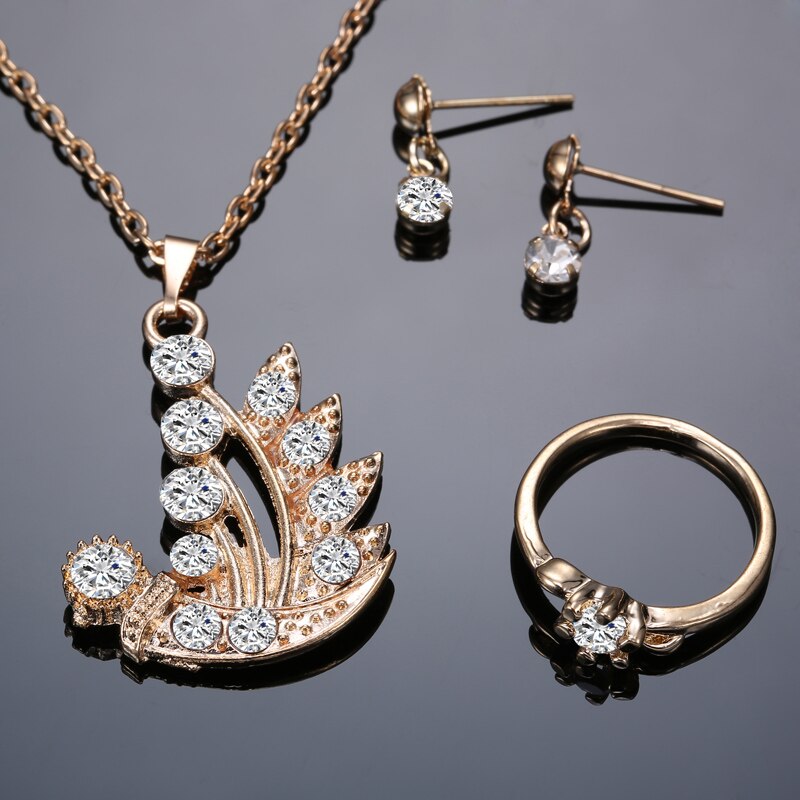 Mode Vrouwen Sieraden Set Crystal Gold Plated Hanger Ketting Stud Oorbel Ring Bloem Blad Wedding Accessoires