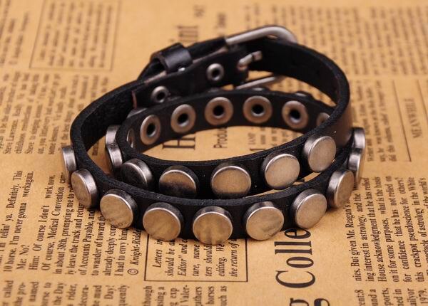 G402 Black Charme Metaallegering Bezaaid Dubbele Lederen Wrap Manchet Armband Mannen