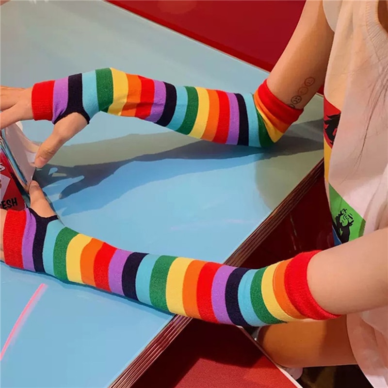 Regenbogen Farbe Lange Warme Handschuhe 40CM Japanischen Stil Neue Dünne Weibliche Arm Ärmel gestreift betroffen Sonnencreme Frühling Herbst Handschuhe
