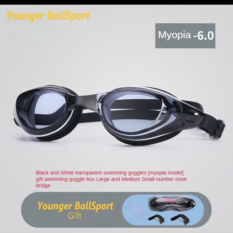 Lunettes de natation professionnelles pour myopie, avec bouchons d&#39;oreille, pince-nez, galvanoplastie, Silicone étanche: Myopia black  -6.0