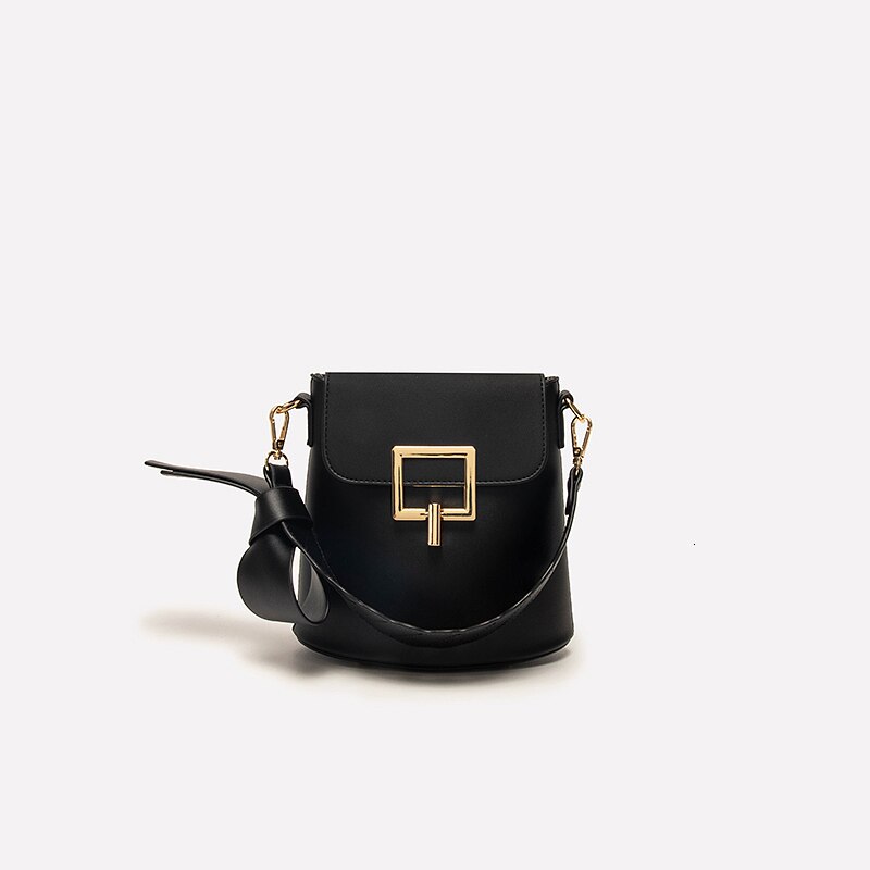 Vintage strik handtassen dames trendy eenvoudige leren effen kleur bucket bag sac a main bolsas feminina: Zwart