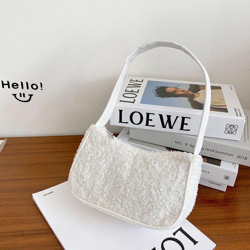 Autumn Winter Female Square Tote bag Woolen Women's Handbag Ladies Underarm Shoulder Bags: White