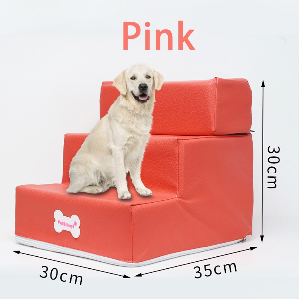 Luxury Mesh Fold Pet Ramp Stairs For Little Small Dog Puppy Cat Animals Mat Mattress Bed Fabric 3-steps with detachable Cover: Pink