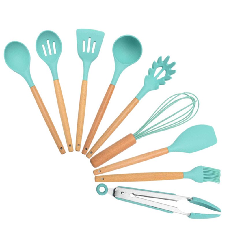 Ustensiles De cuisine en Silicone, ustensiles De cuisine résistants à la chaleur, antiadhésifs, ustensiles De cuisine: Tiffany Green-9Pcs