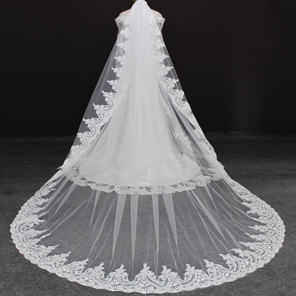 Kathedraal Lange Kant Wedding Veil Met Kam Een Laag 3 Meter Bruidssluier Wit Ivoor Sluier Voile Mariage