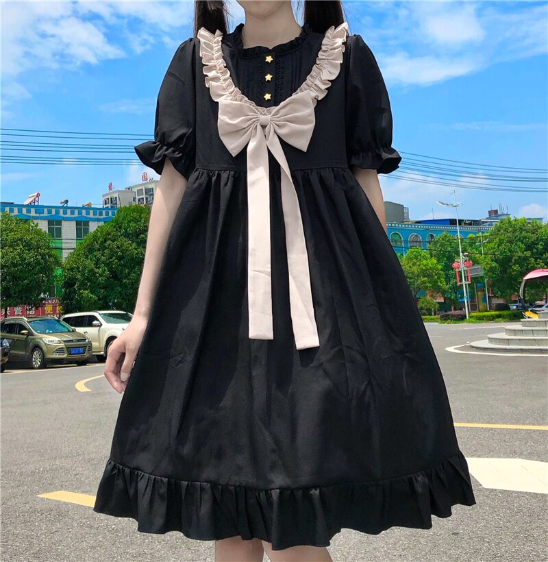 Japansk mørk sød sløjfe slankekjole kvinder sommer stil fe kjole teselskab lolita kjole sød lolita dukke: Beige