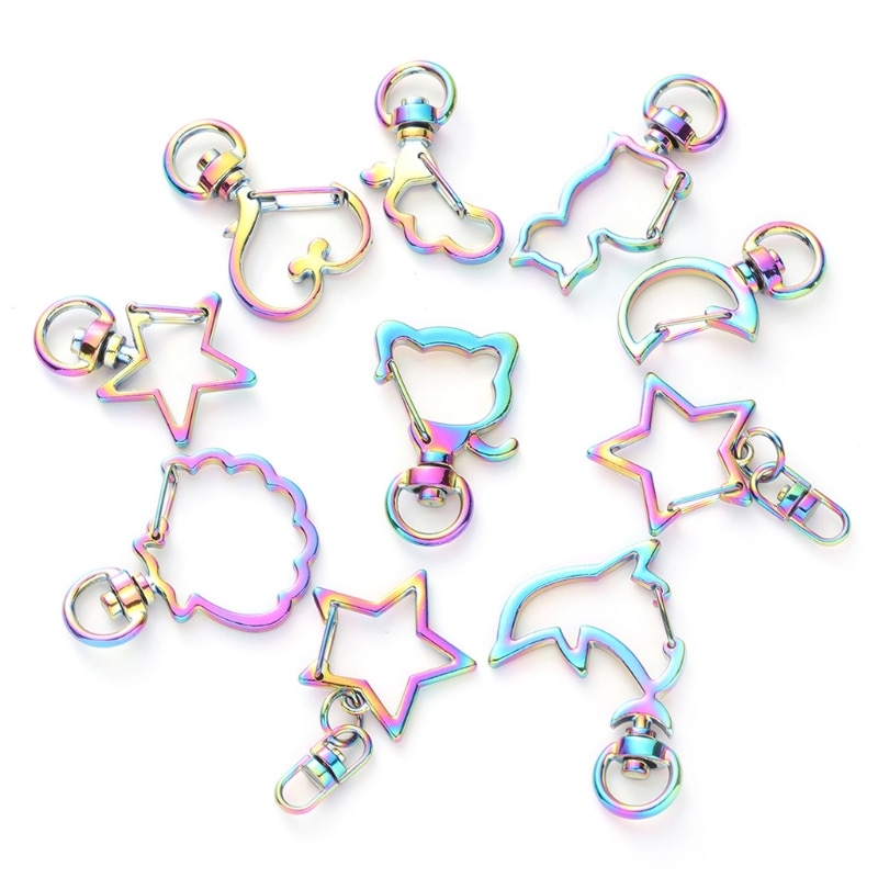10 stuks regenboog metalen karabijnhaak kreeftensluiting lanyard met sleutelhanger voor sleutelhanger hart ster kat sleutelhanger open bezel diy tassen findi