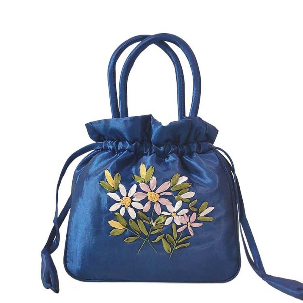 Bolso de mano con bordado de seda satinada para mujer, cartera pequeña con cordón Floral, Hanfu, Retro y: Verde militar