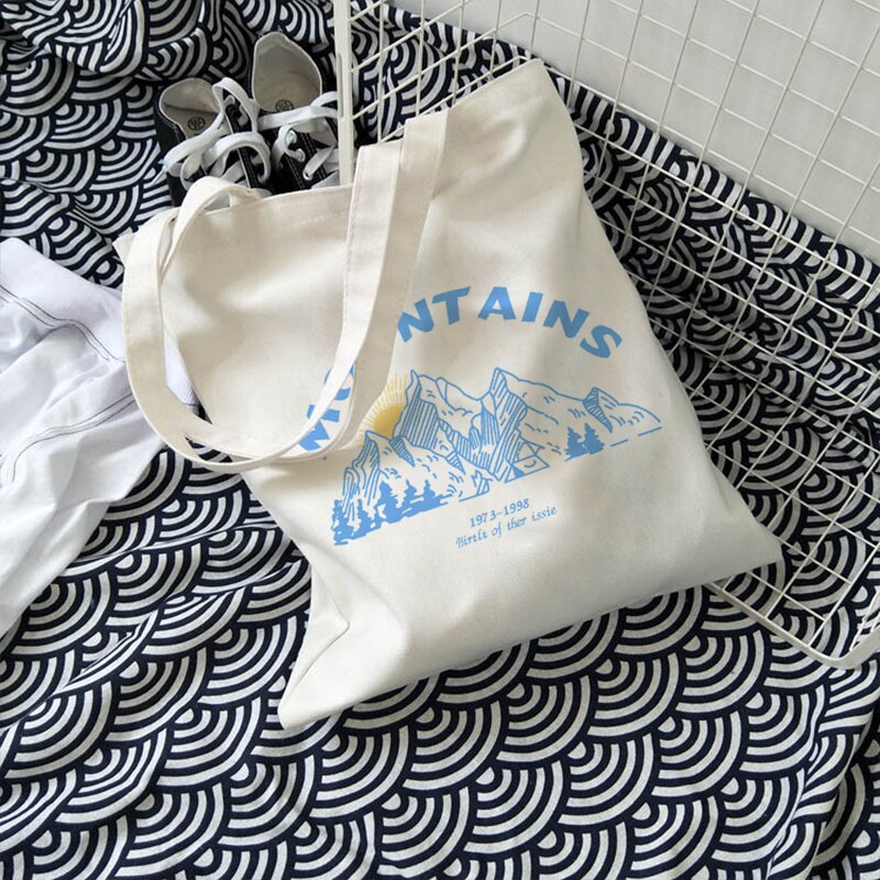 Corea Ulzzang montaña impresión de las mujeres bolso de la lona de las mujeres ocasionales bolsa de gran capacidad bandolera de dibujos animados Y2K las mujeres bolsas de compras