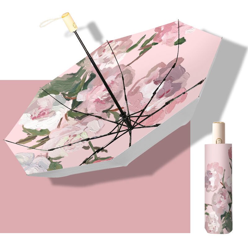 Paraguas de titanio plateado para mujer, Mini sombrilla automática con pintura, protección UV, sombrilla de bolsillo plegable, para viajes a la playa